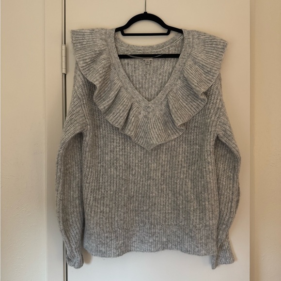 a new day Sweaters - A New Day Gray V-Neck Sweater with Ruffled Detail